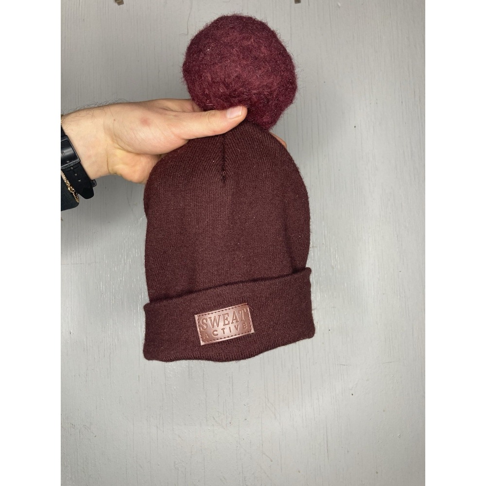 Sweat Active Burgundy 100% Cashmere Knit Beanie Pom Pom Winter Slouchy Ski Hat